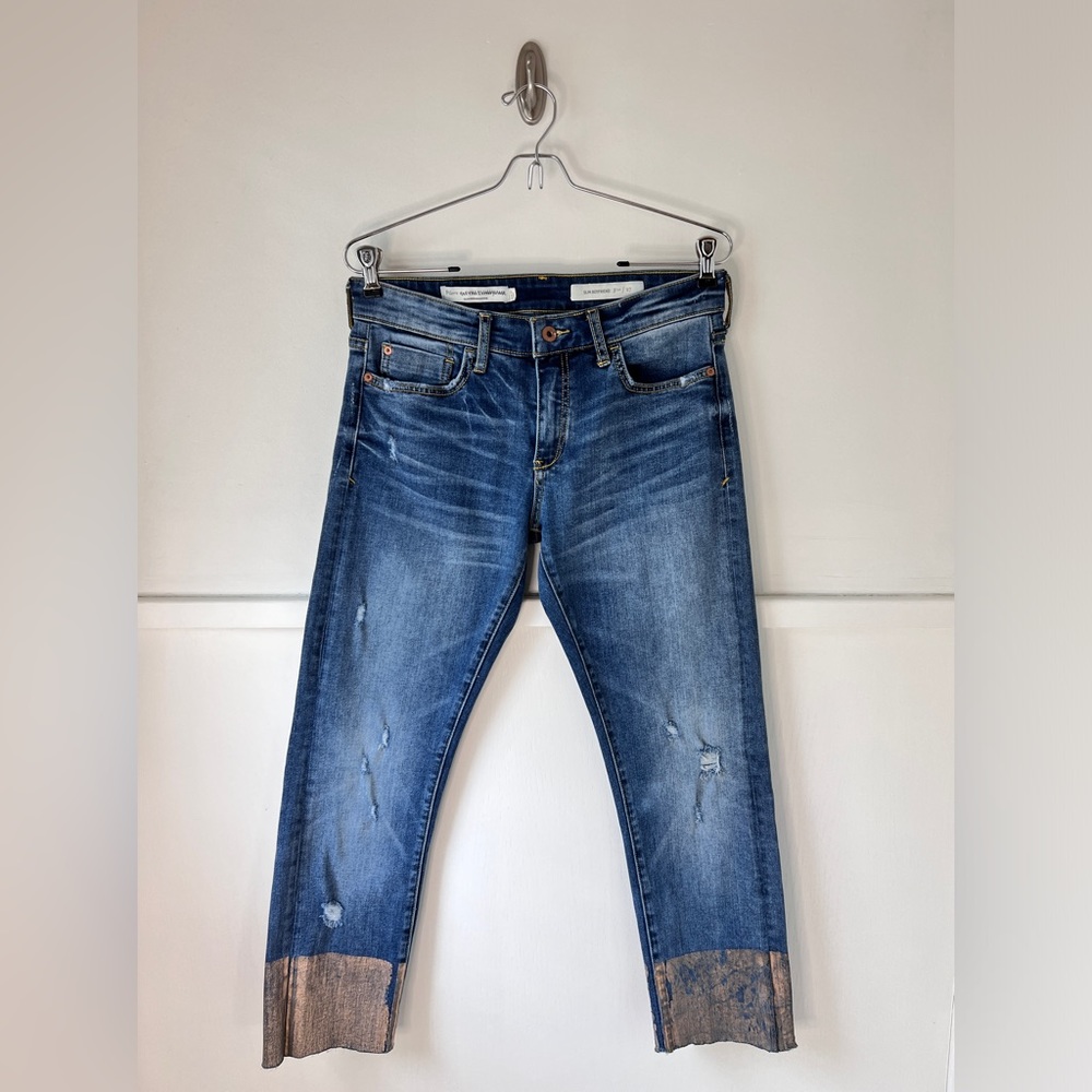 Anthropologie Pilcro Slim Boyfriend Gold Coated Foil Metallic Hem Crop Jeans